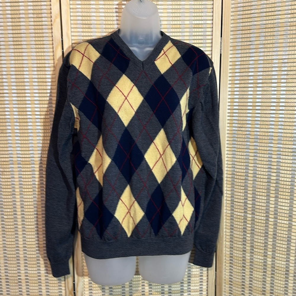 Grant Thomas Vintage 1990s Y2K Merino Wool Gray Argyle Plaid Vneck Sweater Large